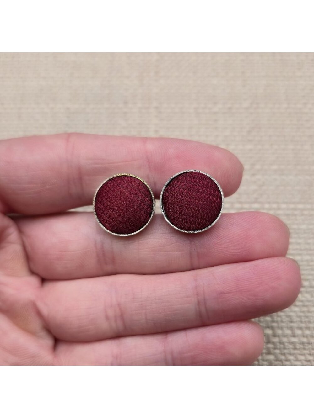 Vintage Round Burgundy Maroon Textured Silk Fabric Insert Cufflinks A8932